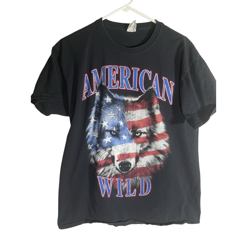 Y2K American Wild Patriotic Wolf Black T Shirt Size Large 100% Cotton